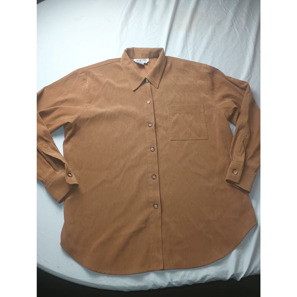 Women Faux Suede Button Up Blouse Talbots Brown Long sleeve Medium Western Boho